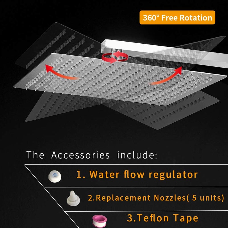 BESy 12 Inch Rain Shower Head, 12" Square Rainfall & High Pressure Stainless Steel Bath Shower Head, 1/16" Ultra Thin, Waterfall Full Body Coverage with Silicone Nozzle, Non Fingerprint Brushed Finish - Image 2